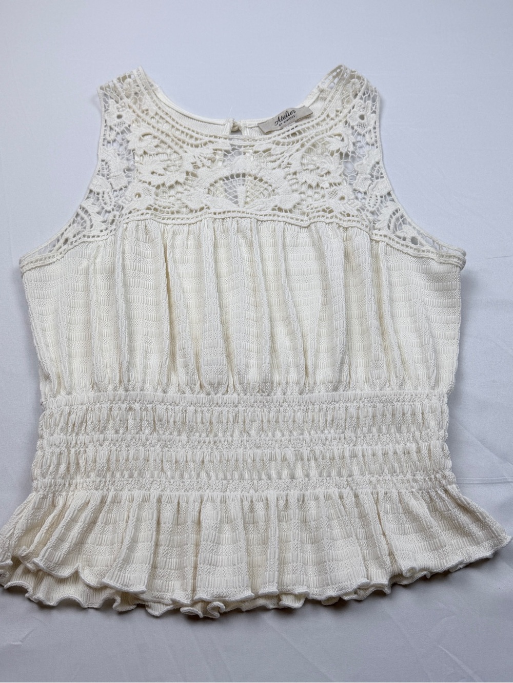 Crochet Yoke Smocked Peplum Camisole - Cream